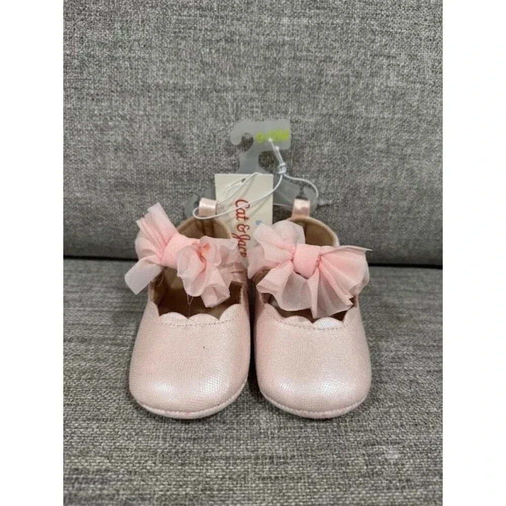 Cat & Jack Baby Girl Pink Bow Shimmer Dress Shoes Crib Booties 9-12 months NWT